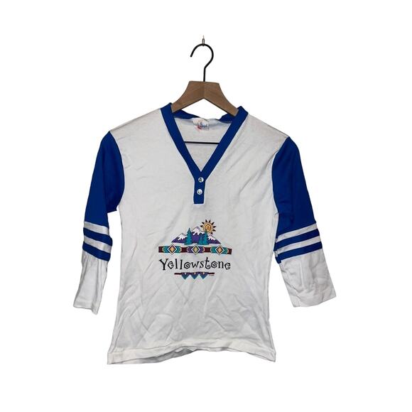 1997 Vintage Le Riche Yellowstone Mountain Graphic White Shirt 90s 1990s VTG S S - Picture 1 of 10
